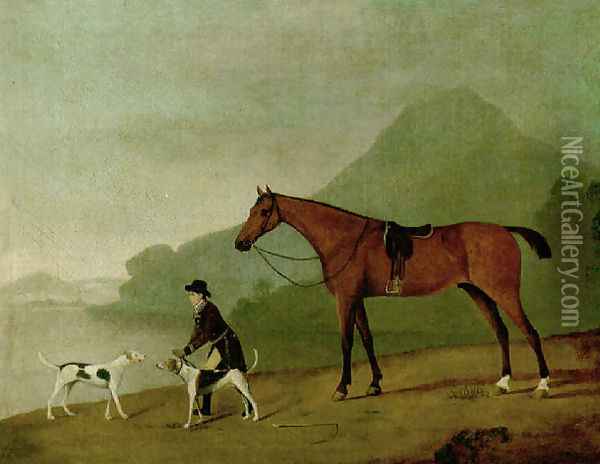 A saddled bay hunter with a groom and hounds, in a landscape Oil Painting - John Best