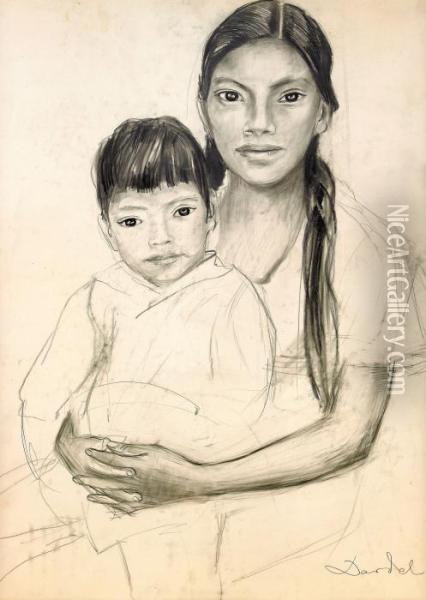 Indiankvinna Med Barn - Mexico Oil Painting - Nils Von Dardel
