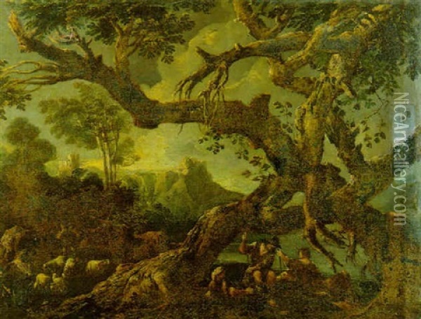 Paysage Montagneux Avec Des Bergers Et Leur Troupeau Se     Reposant Pres D'un Lac Oil Painting - Domenico Brandi