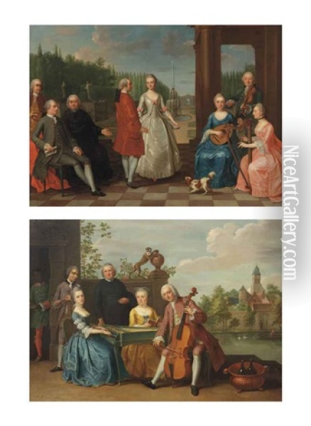 A Portrait Of Jacques-jean Cremers (1736-after 1803) And His Wife... And An Elegant Company... (pair) Oil Painting - Balthasar Beschey