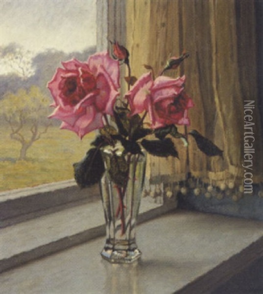 Lyserode Roser I En Glasvase Oil Painting - Wilhelm Andersen