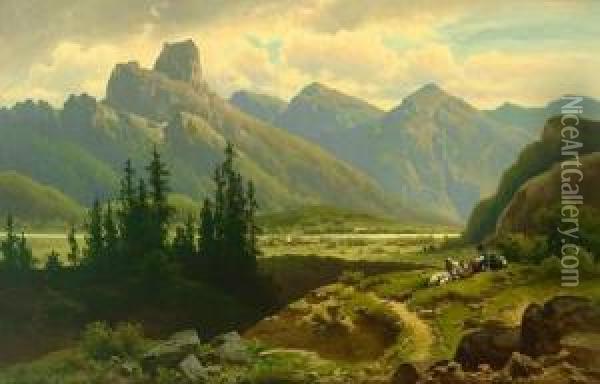 Malerische Flusslandschaft In Den Alpen Mit Gebirgspanorama Oil Painting - Anton Pick