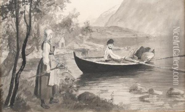 Ruderer In Einem Norwegischen Fjord Oil Painting - Hans Dahl