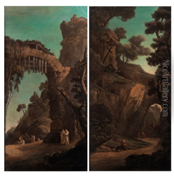 Monche Vor Felsiger Landschaft (pair) Oil Painting - Vincenzo Martinelli