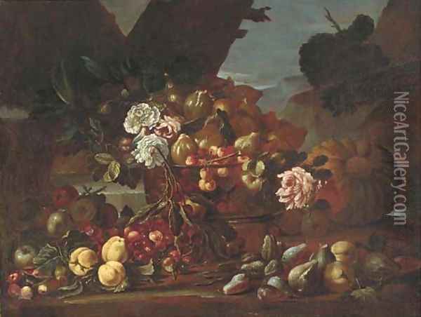 Cherries, figs, and roses in a glass bowl with apples, figs and cherries on a ledge in a clearing Oil Painting - Felice Rubbiani