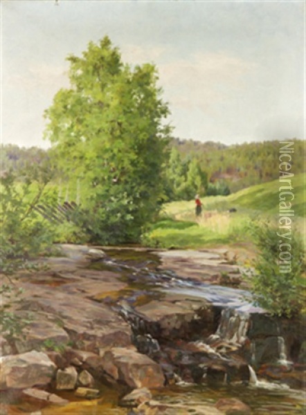 Landskap Med Varback Och Flicka Oil Painting - Jacob Gloersen