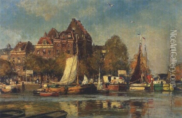 Hauserzeile An Einem Kanal In Niederlandischer Stadt (dordrecht?) Oil Painting - Heinrich Hermanns