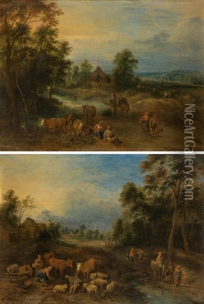 Landscape With Peasants & Landscape With Travellers And Cattle (a Pair) Oil Painting - Theobald Michau