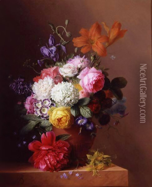 Still Life Of Flowers In A Terracotta Urn Resting On A Marble Ledge Oil Painting - Arnoldus Bloemers