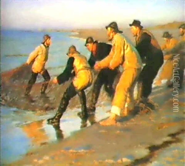 Fiskere Traekke Vad Pa Skagensnordstrand. Sildig Eftermiddag Oil Painting - Peder Severin Kroyer