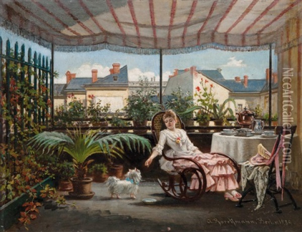 On The Terrace Oil Painting - August Brockmann