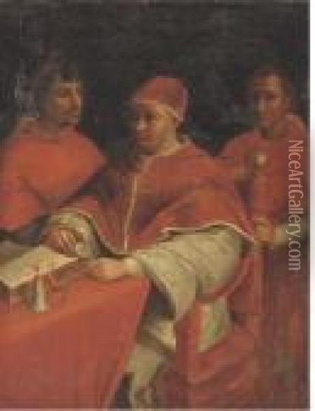 Pope Leo X With Cardinals Guilio De'medici And Luigi Di'rossi Oil Painting - Raphael (Raffaello Sanzio of Urbino)