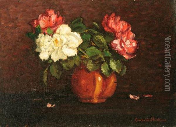 Still Life Of Roses In A Vase Oil Painting - Cornelius H. Hankins