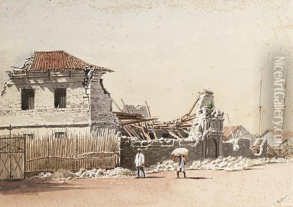 The Government Tobacco Warehouses After The 1863 Earthquake, Manila, Philippines Oil Painting - Henry Charles Andrews