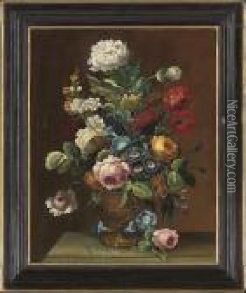 Morning Glory, Roses, Asters, And Carnations On A Stone Ledge Oil Painting - Jan Davidsz De Heem