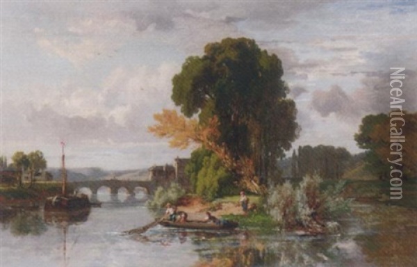 Fishermen In A River Landscape Oil Painting - Dominique-Adolphe Grenet de Joigny