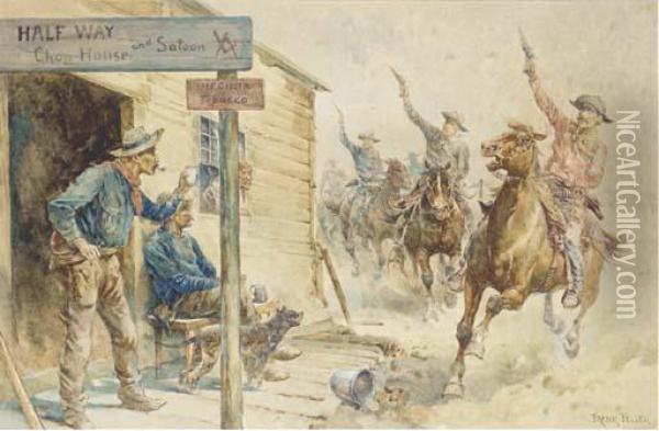 Cow-boys A Cheval Tirant Au Pistolet Devant Un Saloon Oil Painting - Frank Feller