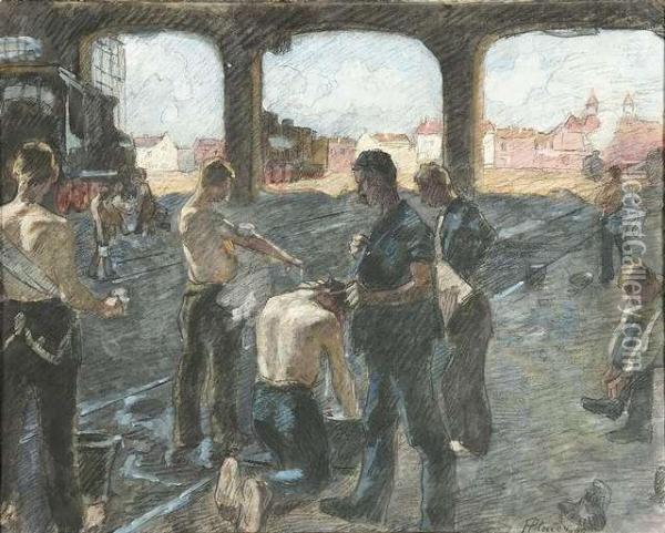 Closing Time Atthe Locomotive Maintenance. Oil Painting - Hermann Pleuer
