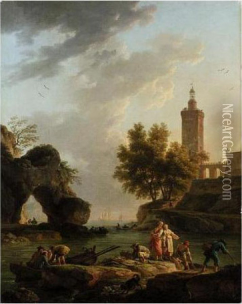 A Mediterranean Harbour With Fishermen Landing Nets (````le Rocher Perce') Oil Painting - Claude-joseph Vernet