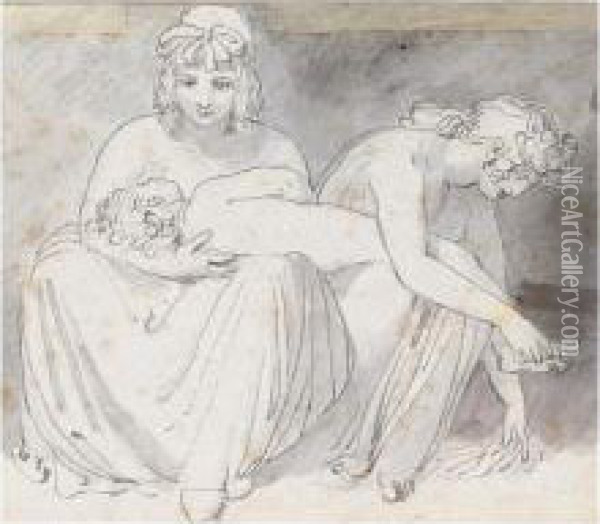 Two Women With A Young Child Oil Painting - John Flaxman