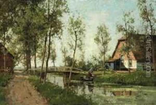 Washerwoman On The Bank Of A Canal Oil Painting - Cornelis Vreedenburgh