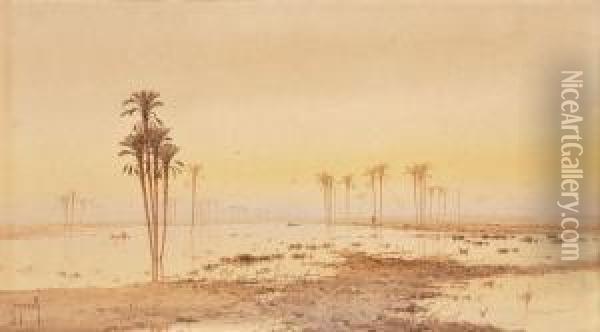 Orientalische Fluslandschaft Mit Palmen Oil Painting - Spyridon Scarvelli