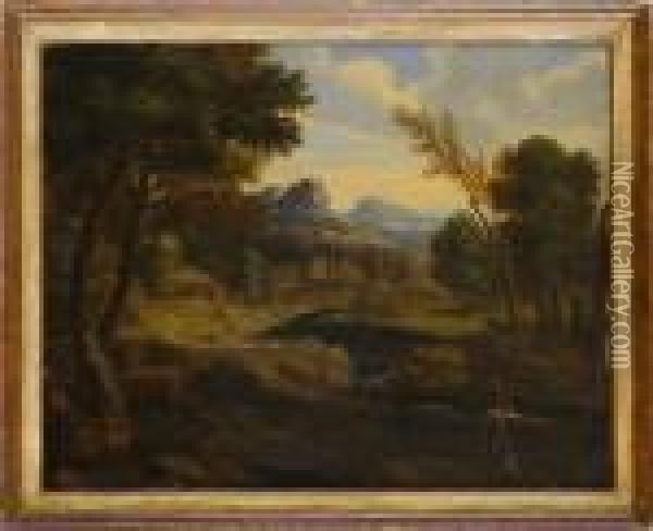 Dughet: Figures In An Idyllic Village Oil Painting - Gaspard Dughet Poussin