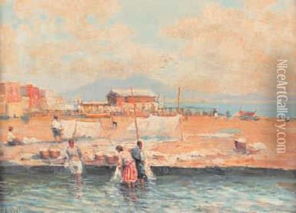 Spiaggia Di Napoli Con Lavandaie Oil Painting - Ada Pratella