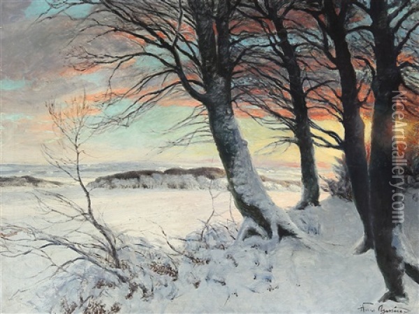 A Winter Landscape Oil Painting - Hans Mortensen Agersnap