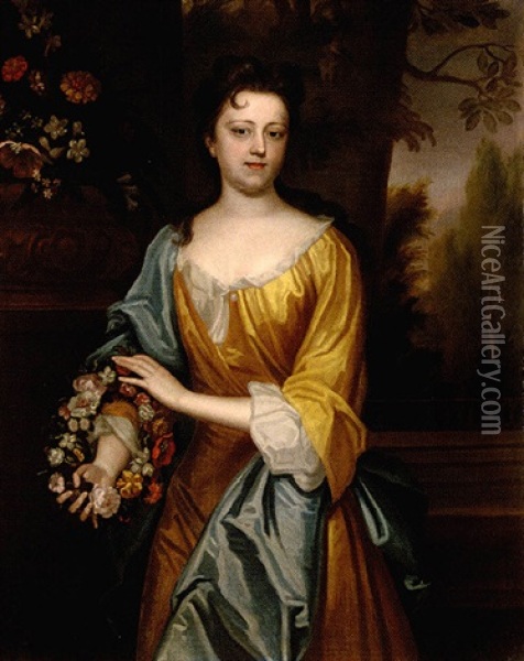 Portrait Of Miss Lowe (mrs. Richard Marriott?) Wearing A Yellow And White Dress, Holding A Wreath Of Flowers, An Urn Of Her Flowers Beside Oil Painting - Maria Verelst