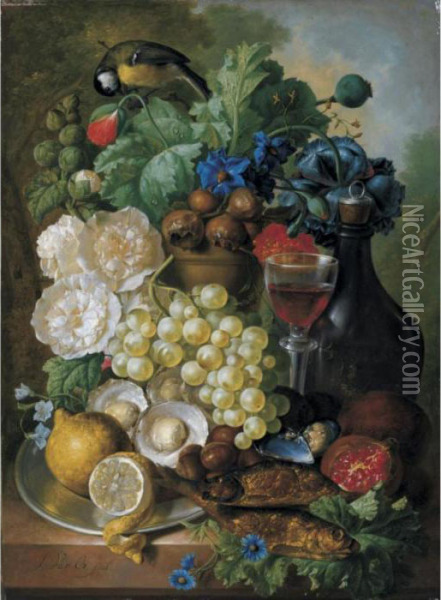 Still Life With Fruit And 
Flowers, Together With Oysters, Mussels, A Glass Of Wine And A Decanter Oil Painting - Jan van Os