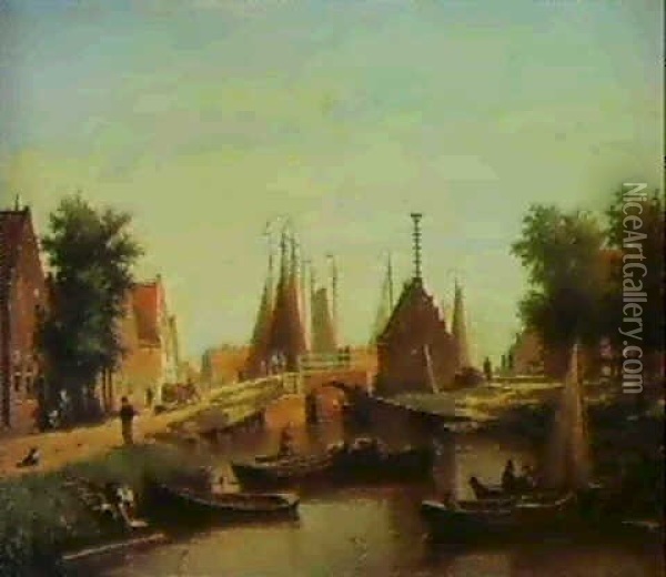A Dutch Village By A Canal Oil Painting - Johan Conrad Greive