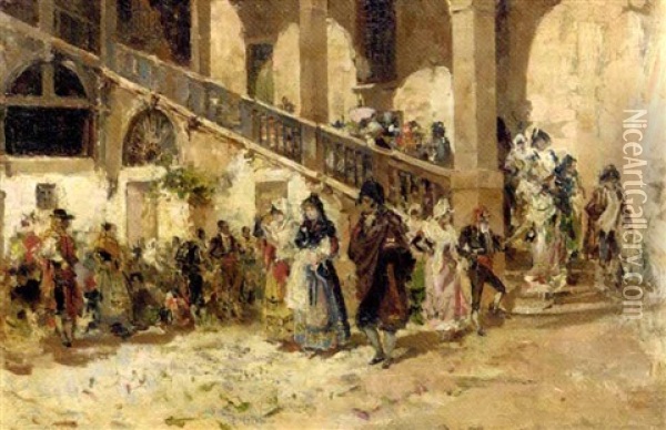 Elegant Figures Descending A Staircase Oil Painting - Francisco Domingo Marques