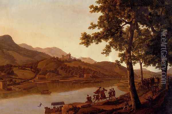 Nobles Disembarking Along The Banks Of A River Oil Painting - Alexandre-Louis-Robert-Millin Duperreux