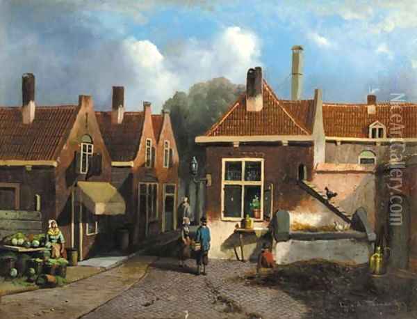 A view in a village Oil Painting - Dutch School
