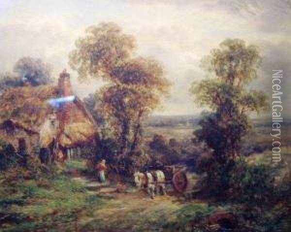 Horse Drawn Wagon By Cottage Oil Painting - Thomas Thomas