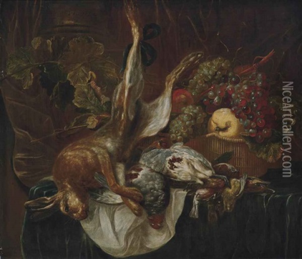 A Hare, Partridges And Songbirds On A Draped Table With Grapes, A Quince And A Peach In A Woven Basket Oil Painting - Jan Fyt