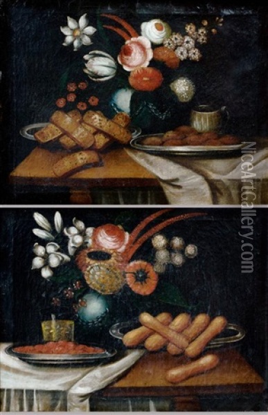 Natures Mortes Aux Biscuits Et Au Bouquet De Fleurs (pair) Oil Painting - Baltazar Gomes Figueira
