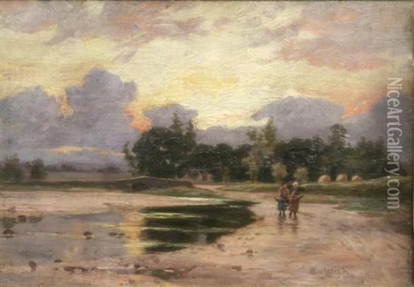 River Landscape At Sunset Oil Painting - William Dalglish