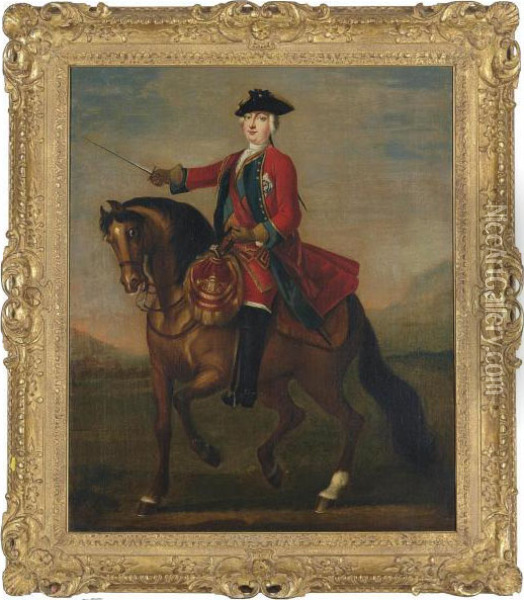 An Equestrian Portrait Of Prince
 William Augustus, Duke Of Cumberland Wearing The Uniform Of The Red 
Guards And The Ribbon And Star Of The Garter Oil Painting - John Wootton