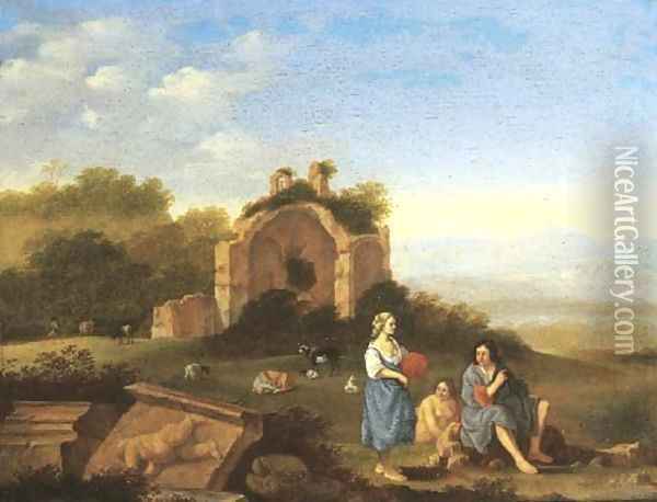 An Italianate landscape with peasants and cattle by classical ruins Oil Painting - Cornelis Poelenburgh