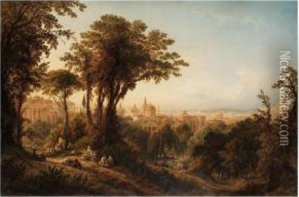 A View Of Rome, With Peasants Resting By Trees In The Foreground Oil Painting - Friedrich Horner