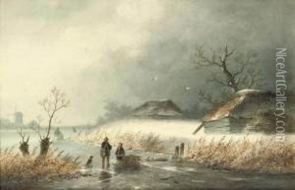Woodgatherers On The Ice On A Misty Day Oil Painting - Johannes Franciscus Hoppenbrouwers