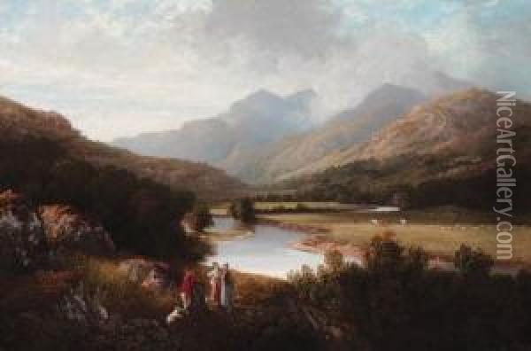 A Mountainous Wooded River Landscape, With Figures In Theforeground Oil Painting - Charlotte Nasmyth