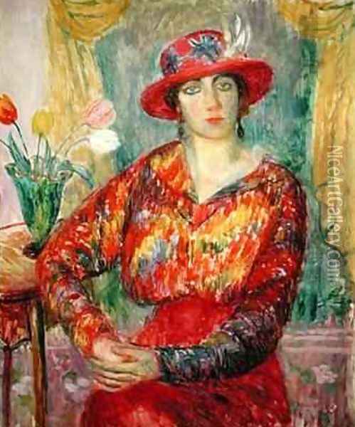 Girl in a Red Dress and Hat Oil Painting - William Glackens