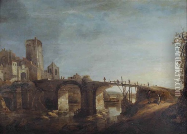 An Italianate River Landscape With Figures Resting Near A Bridge, A Town On The Left Bank Oil Painting - Jan Abrahamsz. Beerstraten