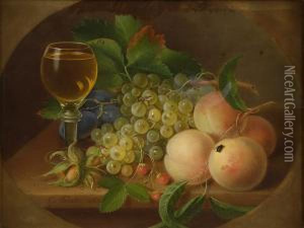 Stilleben Mit Pfirsichen, Trauben, Haselnussen, Insekten Undweinglas. Oil Painting - George Forster