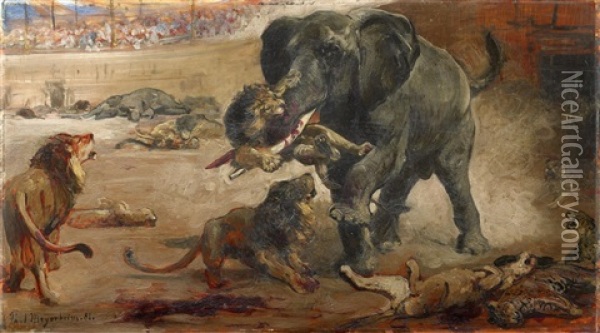 Arena With Elephants, Lions And Leopards Oil Painting - Paul Friedrich Meyerheim