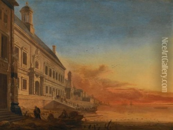 A Coastal Architectural Capriccio At Sunset Oil Painting - Gerard Houckgeest