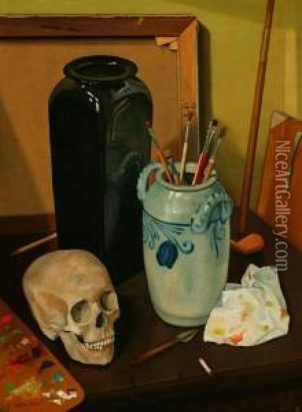 Still Life Of Skull,crock/brush Pot And Vase. Oil Painting - Walter Granville-Smith